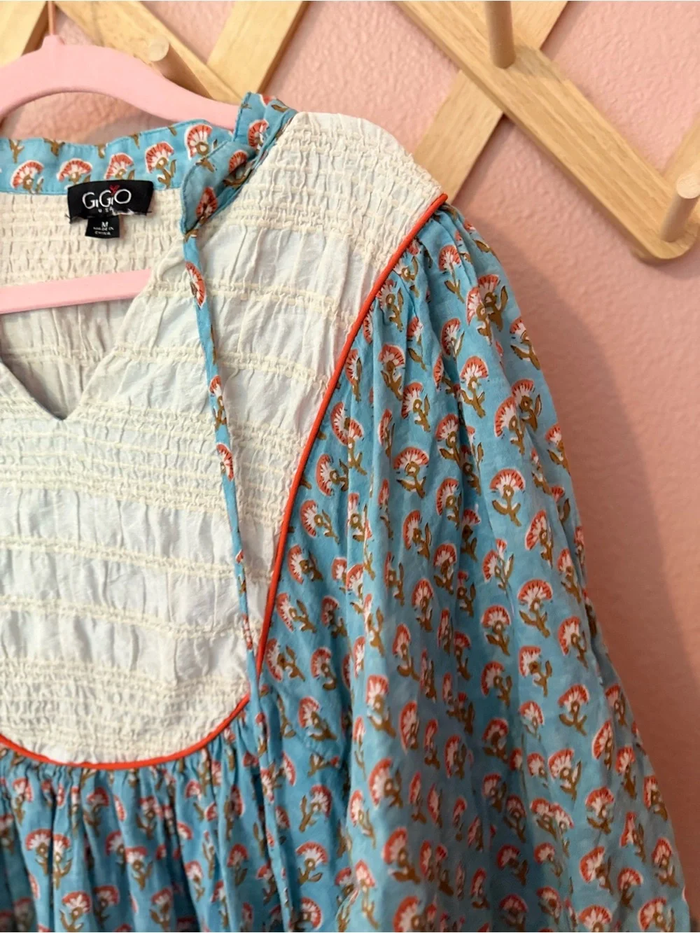 Indian Block Print Blue Printed Peasant Mini Dress with Smocked Bib - Picture 7 of 8